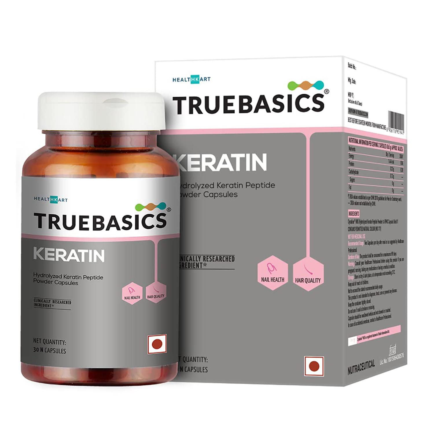Truebasics Keratin, for Hair Strength and Quality, Controls Hairfall,  Clinically Researched Ingredients, Unflavoured, 30 Tablets - JioMart
