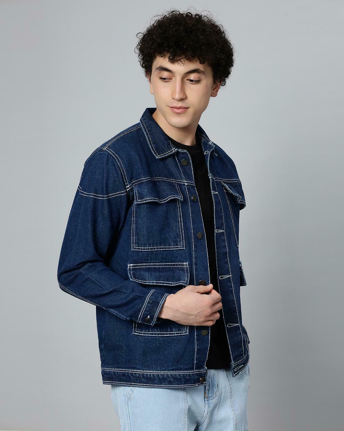 Buy Arbia Funki Men Blue Solid Denim Denim Jacket Size-L Online at