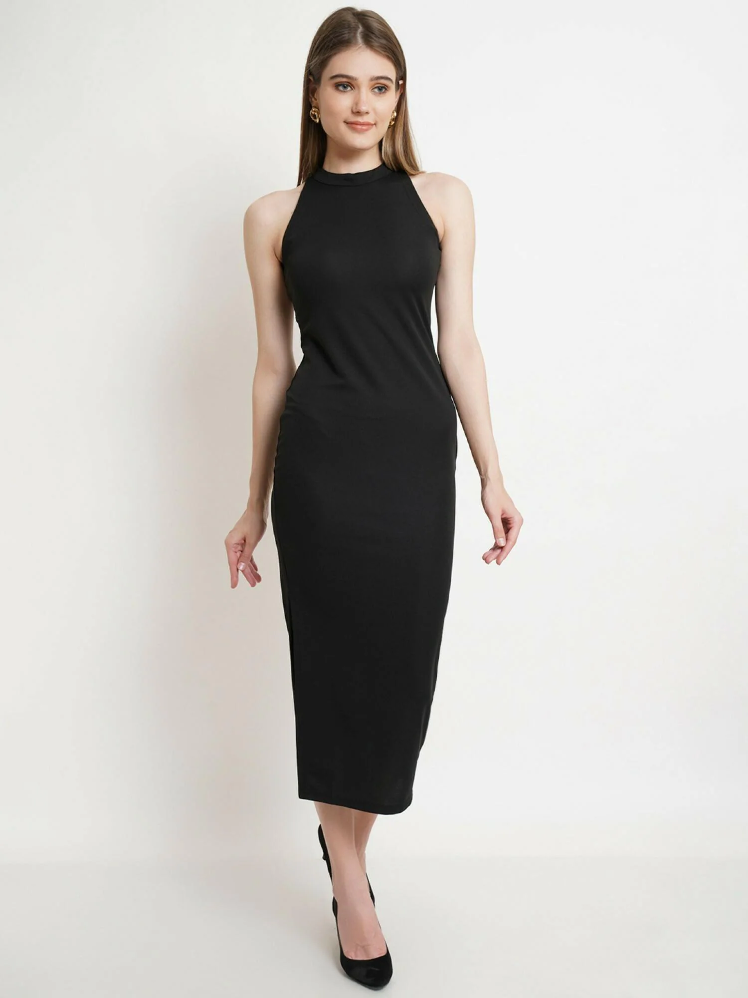 Buy Popwings Women Bodycon Black Halter Neck Long Sheath