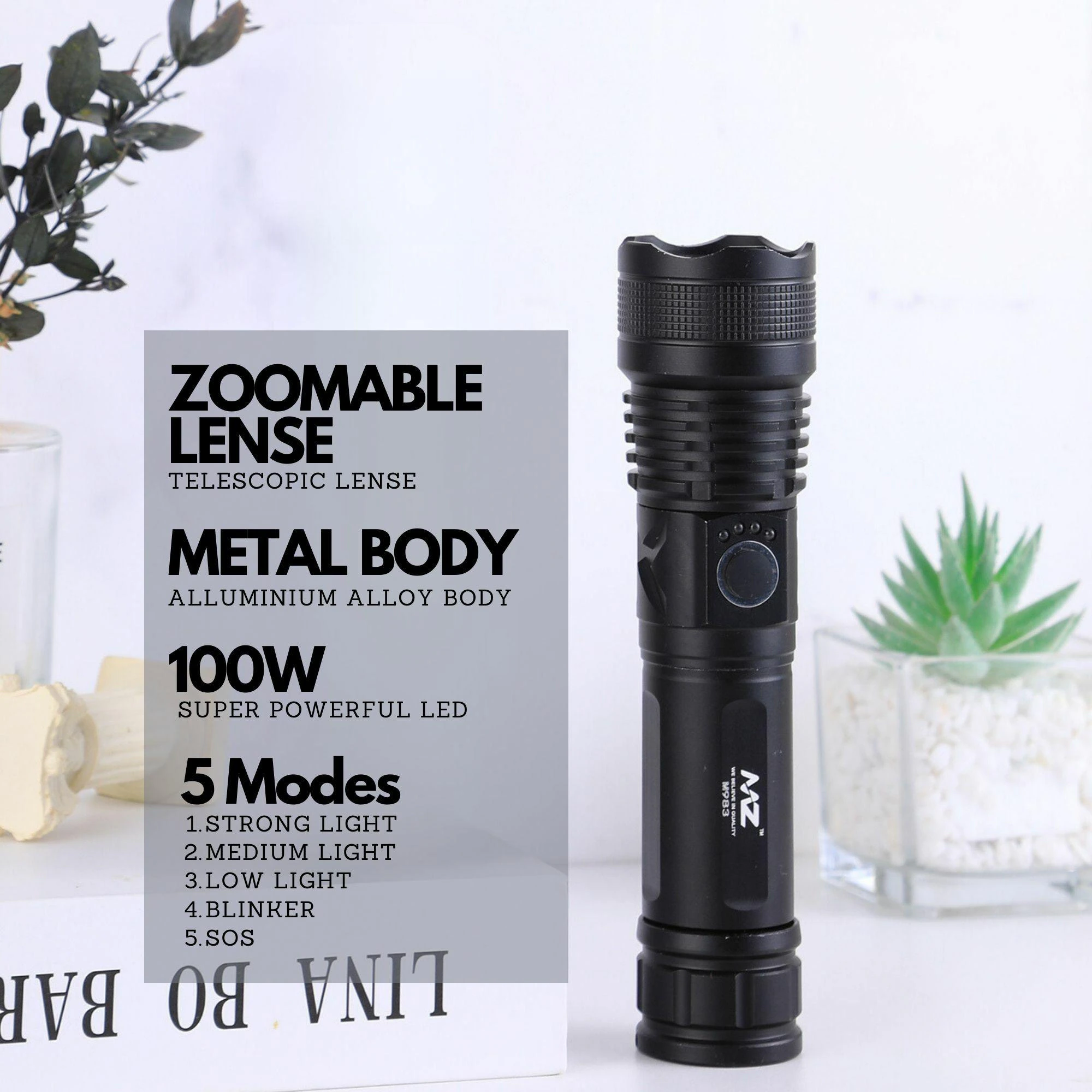 ＢーFLASH MZ M983 Zoomable Metal Flashlight, 5 Modes, Super Bright 100W
