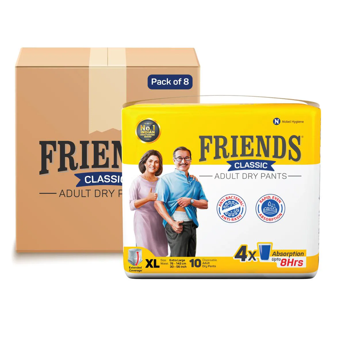 Friends Classic Adult Diapers Pants Style -80 Count (Extra Large) with  odour lock and Anti-Bacterial Absorbent Core- Waist Size 30-56 inch ;  76-142cm