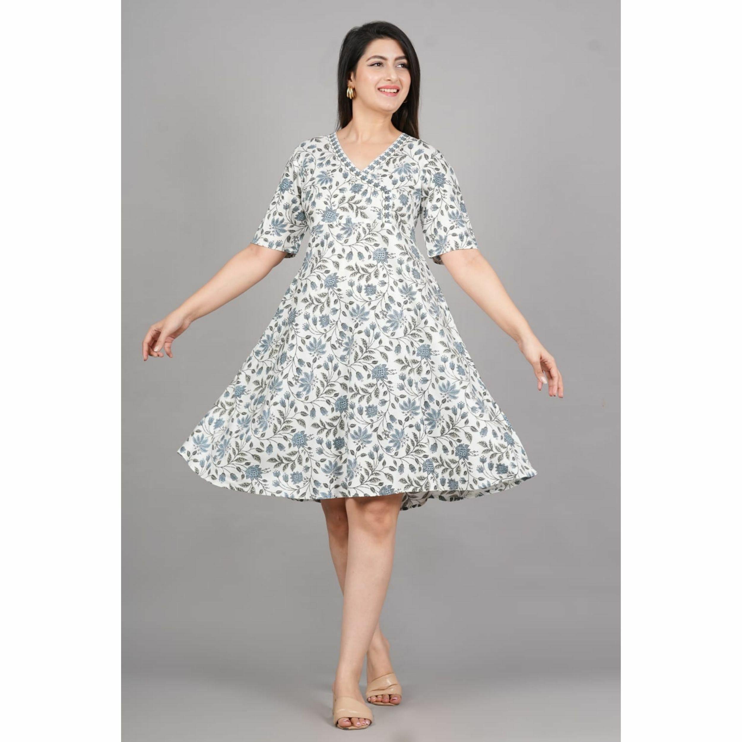 Floral diagonal check flare dress グレー Floral diagonal check