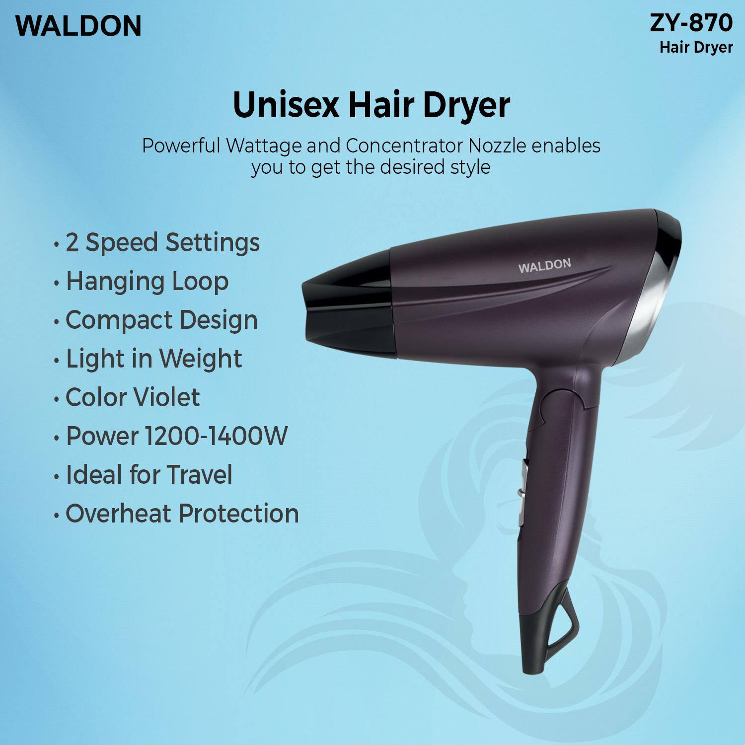 Waldon 1400W Professional Salon Style Foldable Hair Dryer With Hot Shot  Button & 2 Heat/ Speed Settings (ZY-870) - JioMart