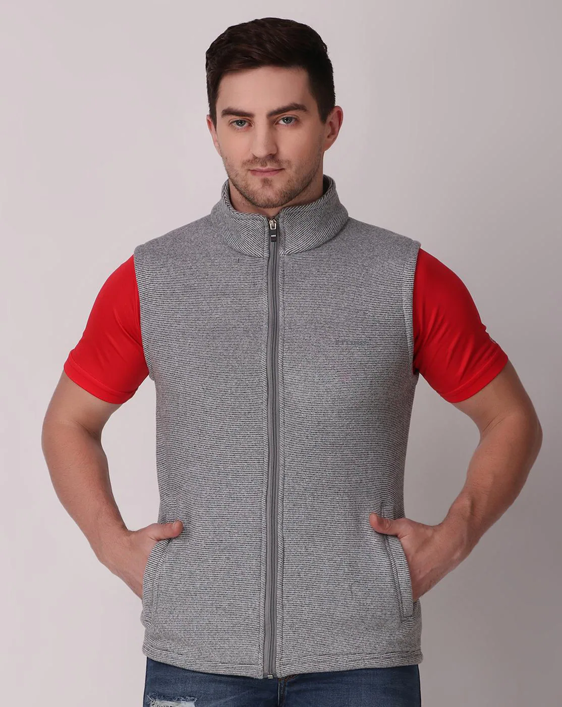 Buy FITINC Light Grey Men's Fleece Half Sleeves Melange Jacket