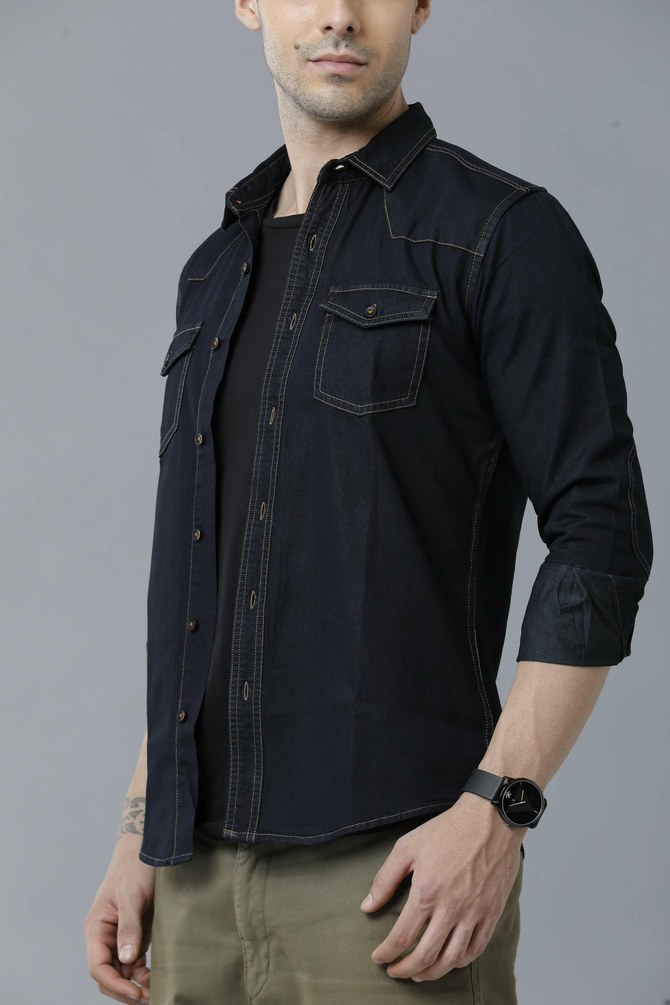 Buy Prototype Men Black Washed Denim Casual Shirt (L) Online at