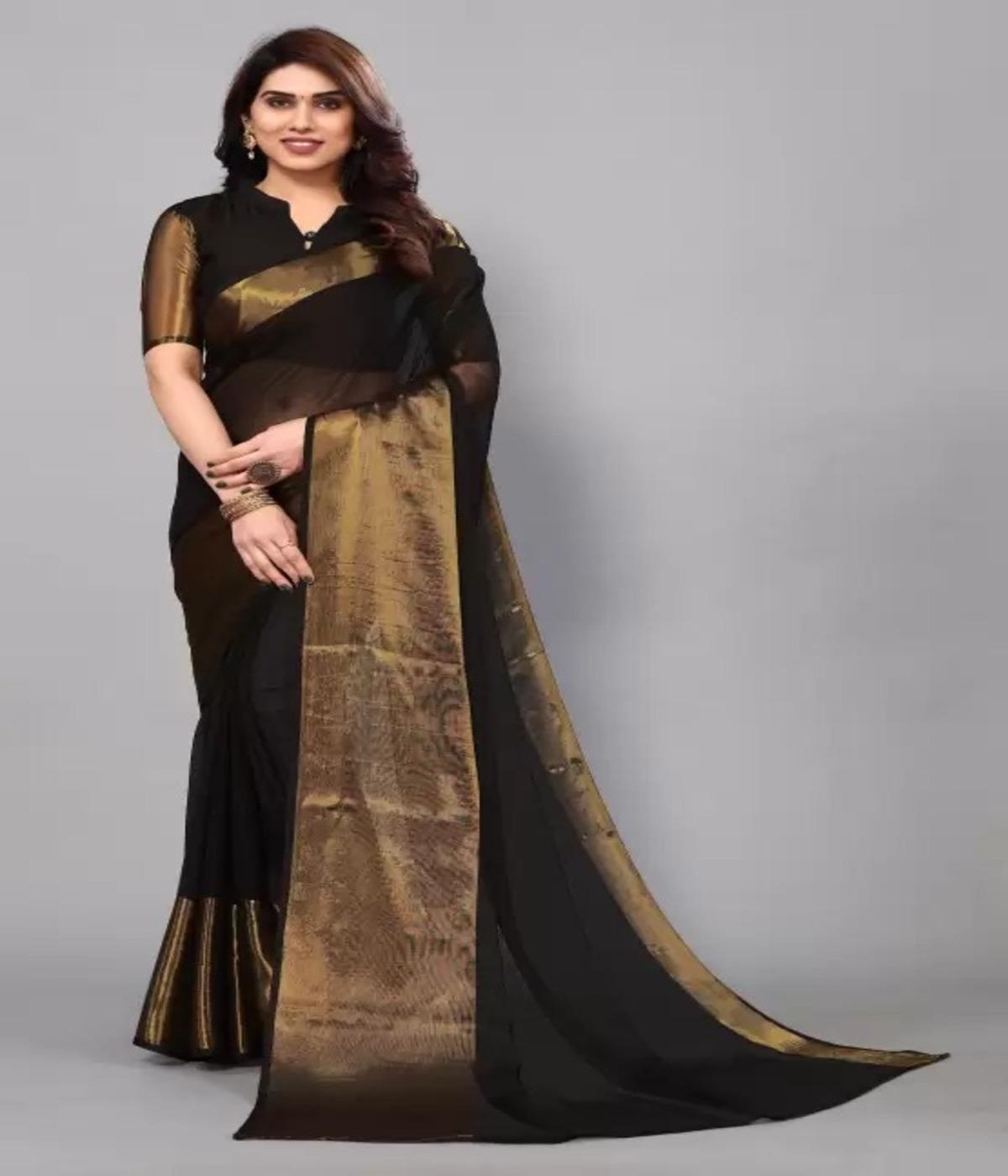 Buy Vragi's Modern Stylish Golden Zari Border Chiffon Black Saree For  Girls/Women Online at Best Prices in India - JioMart.