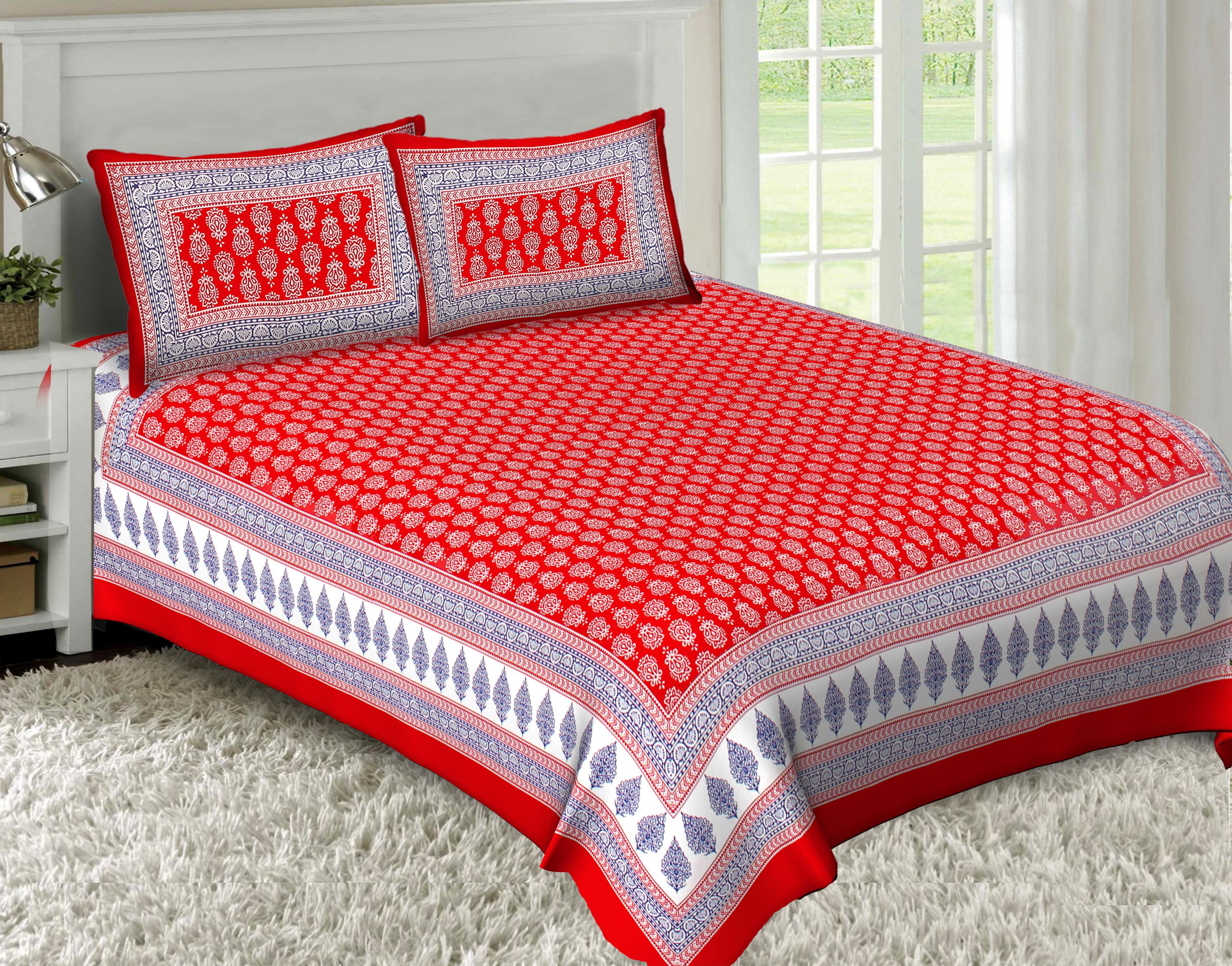 Details about   Queen Size 240TC Bedsheet Indian Jaipuri Cotton Bed Set Pillow Covers Set 3 Pcs 
