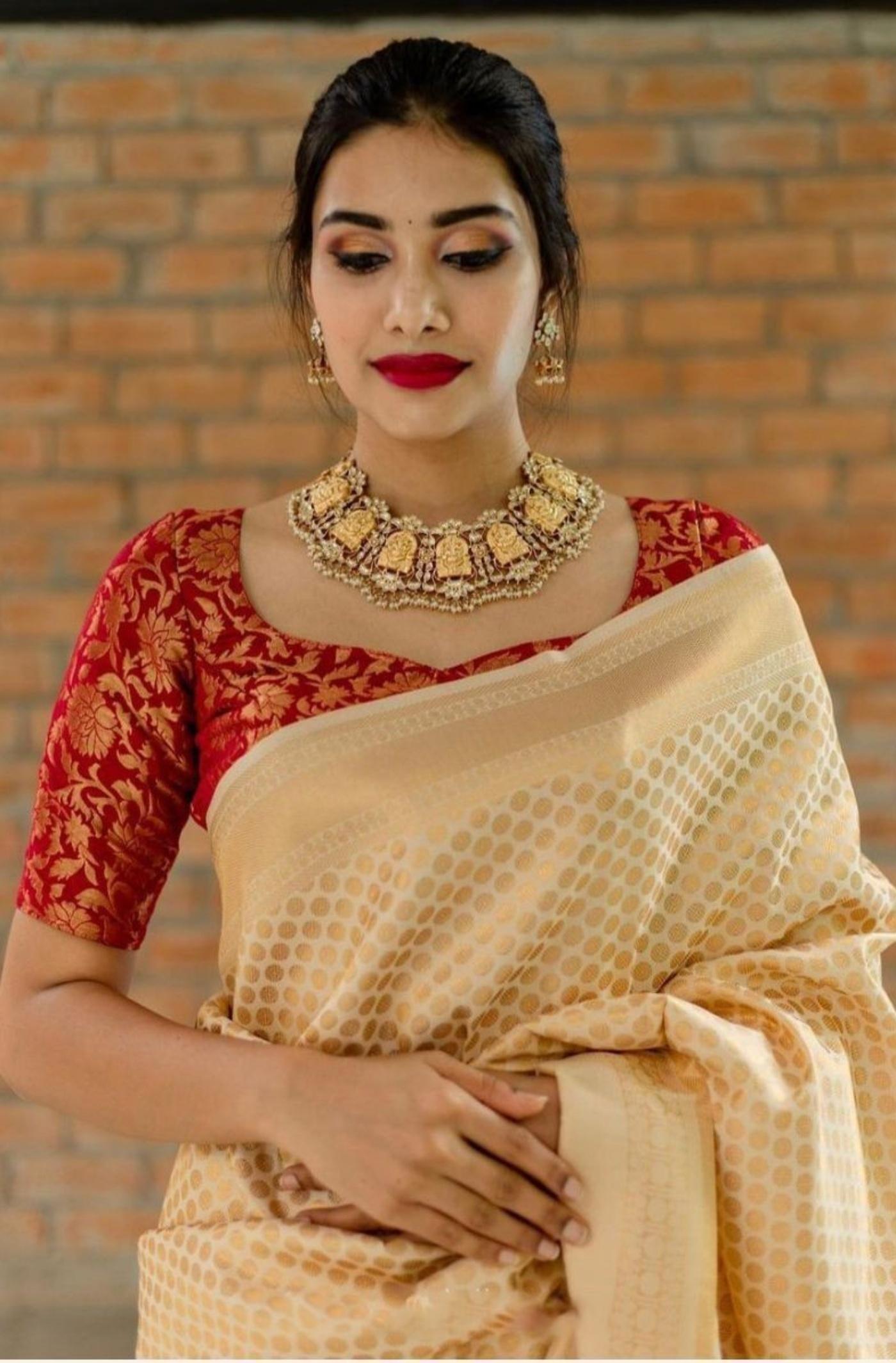 Beige Gold Contrast Kanjivaram Silk Saree Online Shopping – Sunasa