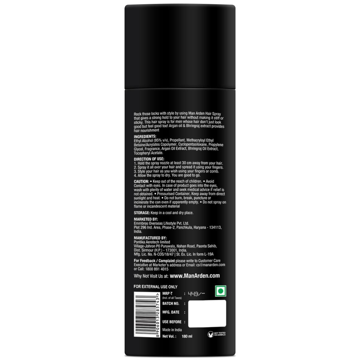 Man Arden Hair Spray - Strong Hold, Styling with Nourishment - Argan Oil  and Bhringraj, 180 ml - JioMart