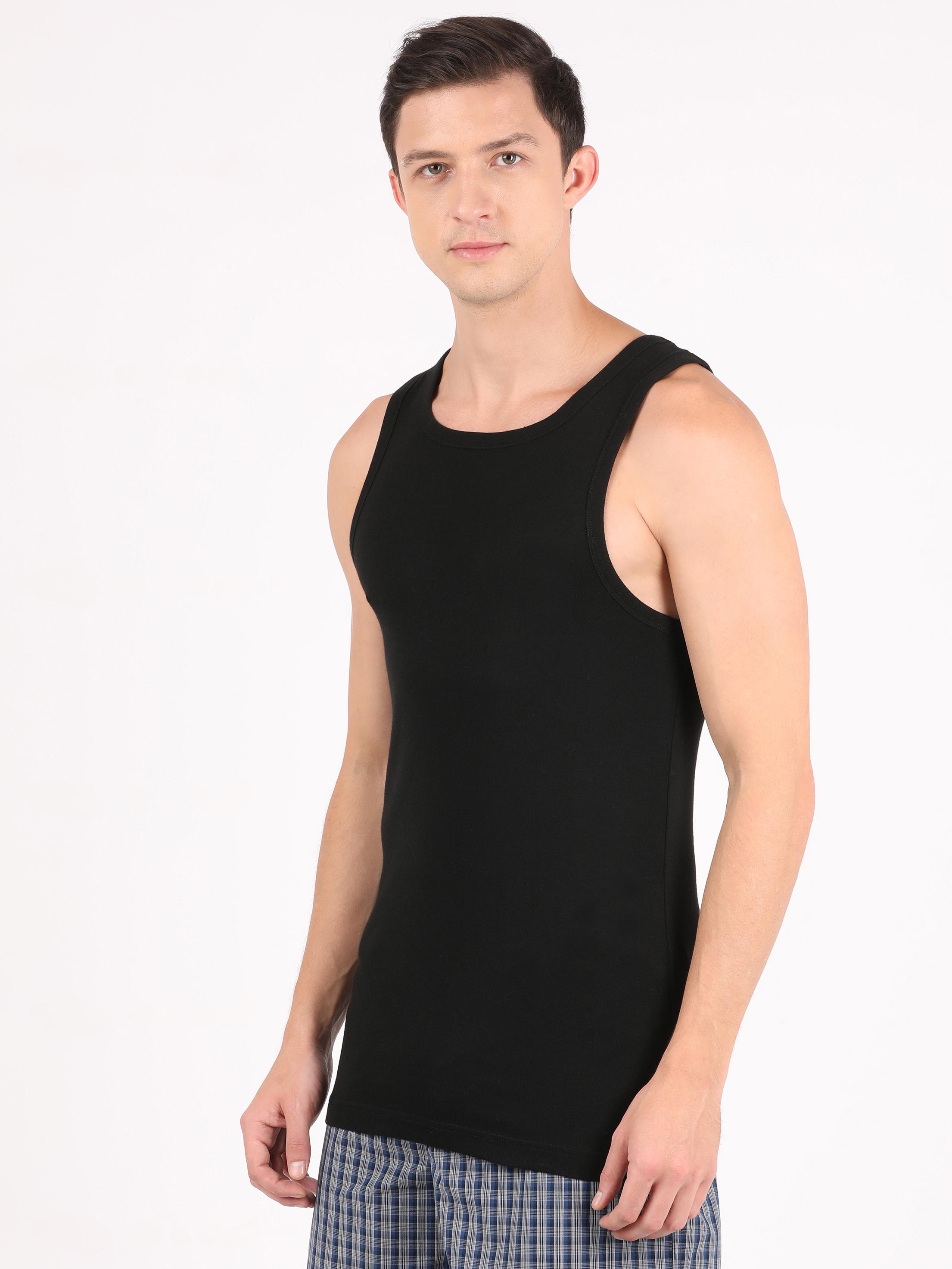Buy Jockey ZN14 Men's Black Solid Cotton Sleeveless Vest Online at