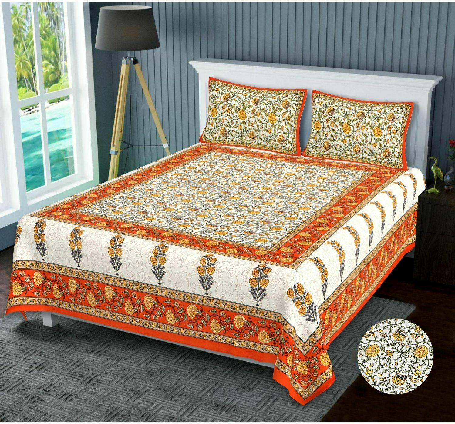 Buy Pyaara Prints Orange Self Design Cotton Double King Flat ...