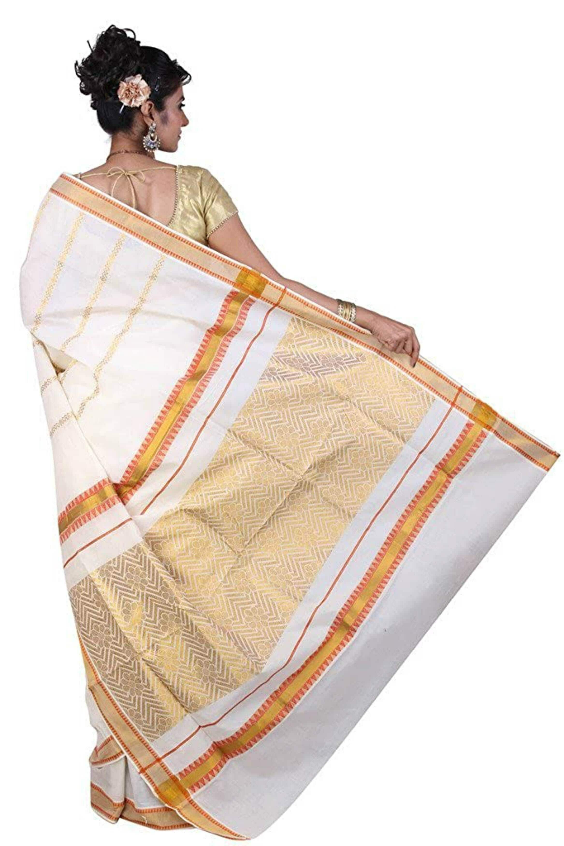 Fashionkiosks Women Cream Cotton Kerala Kasavu Saree With Pallu Work And  Blouse Piece - JioMart