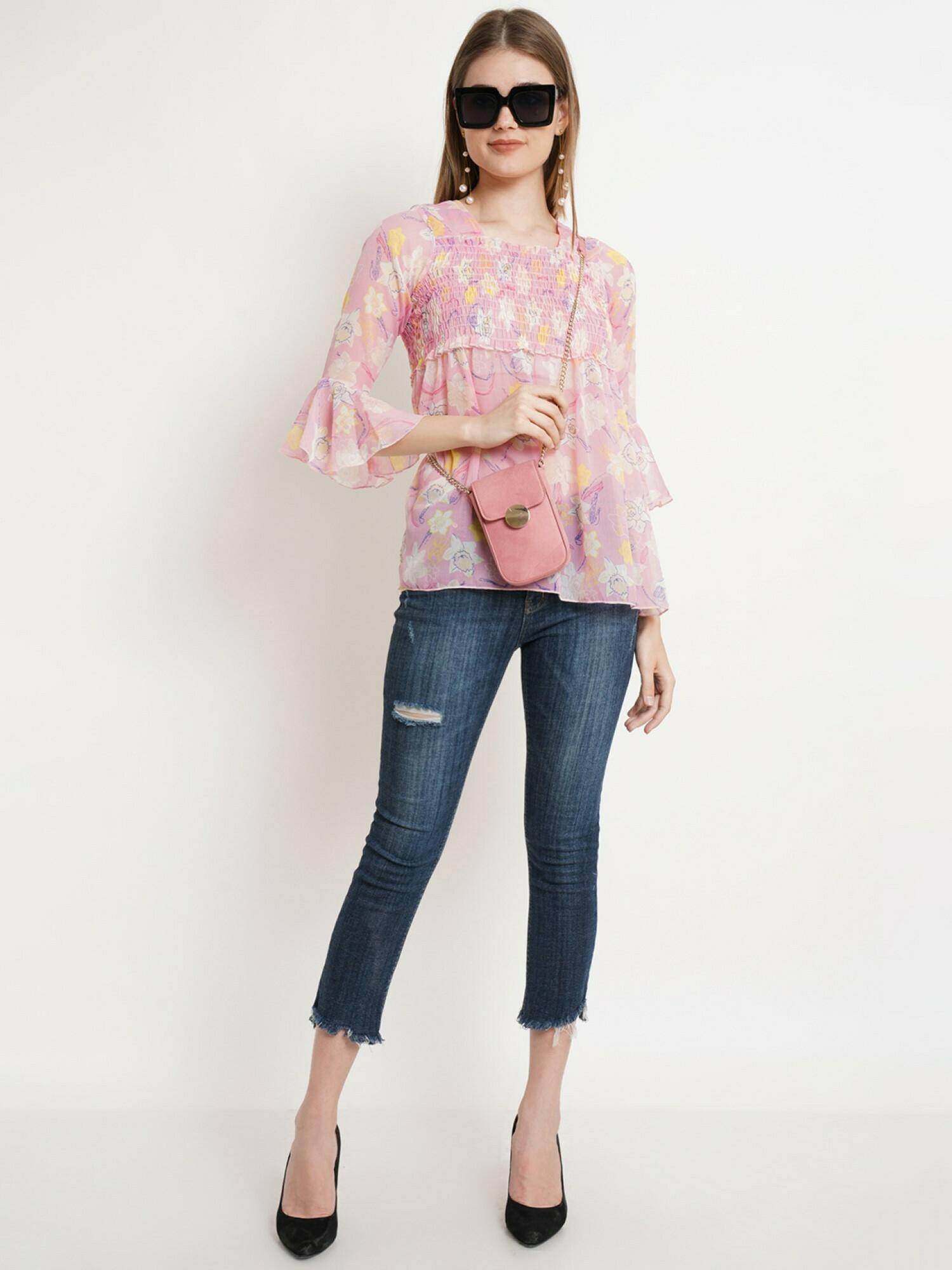 Buy Popwings Women Casual Pink Chiffon Peplum Floral Printed