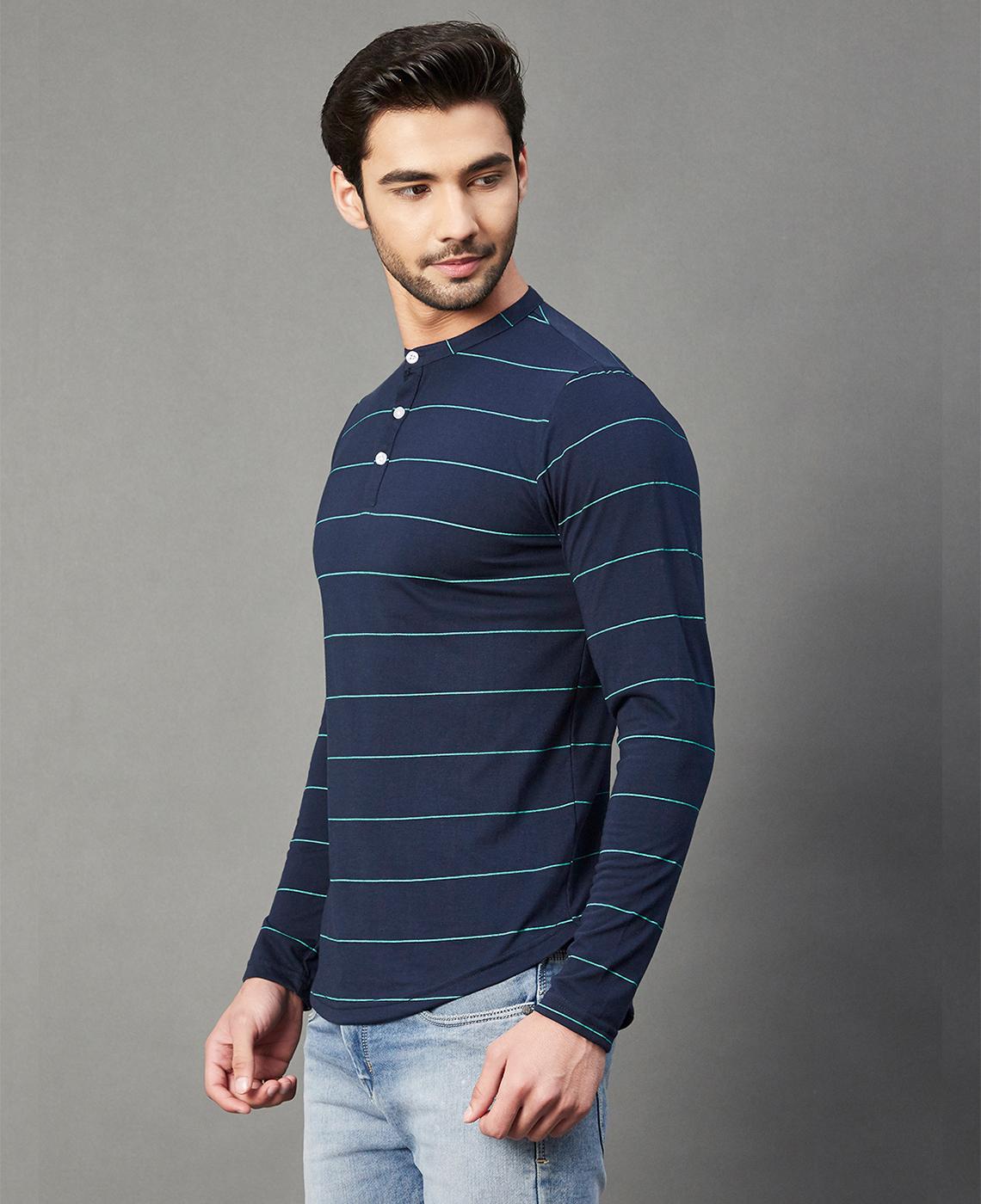 Buy Rigo Men Blue Stripe Henley Neck Full Sleeve Cotton T-Shirt