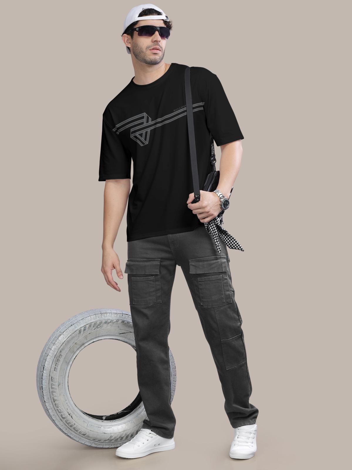 Buy BULLMER Oversized Black Front Printed / Colourblock Baggy