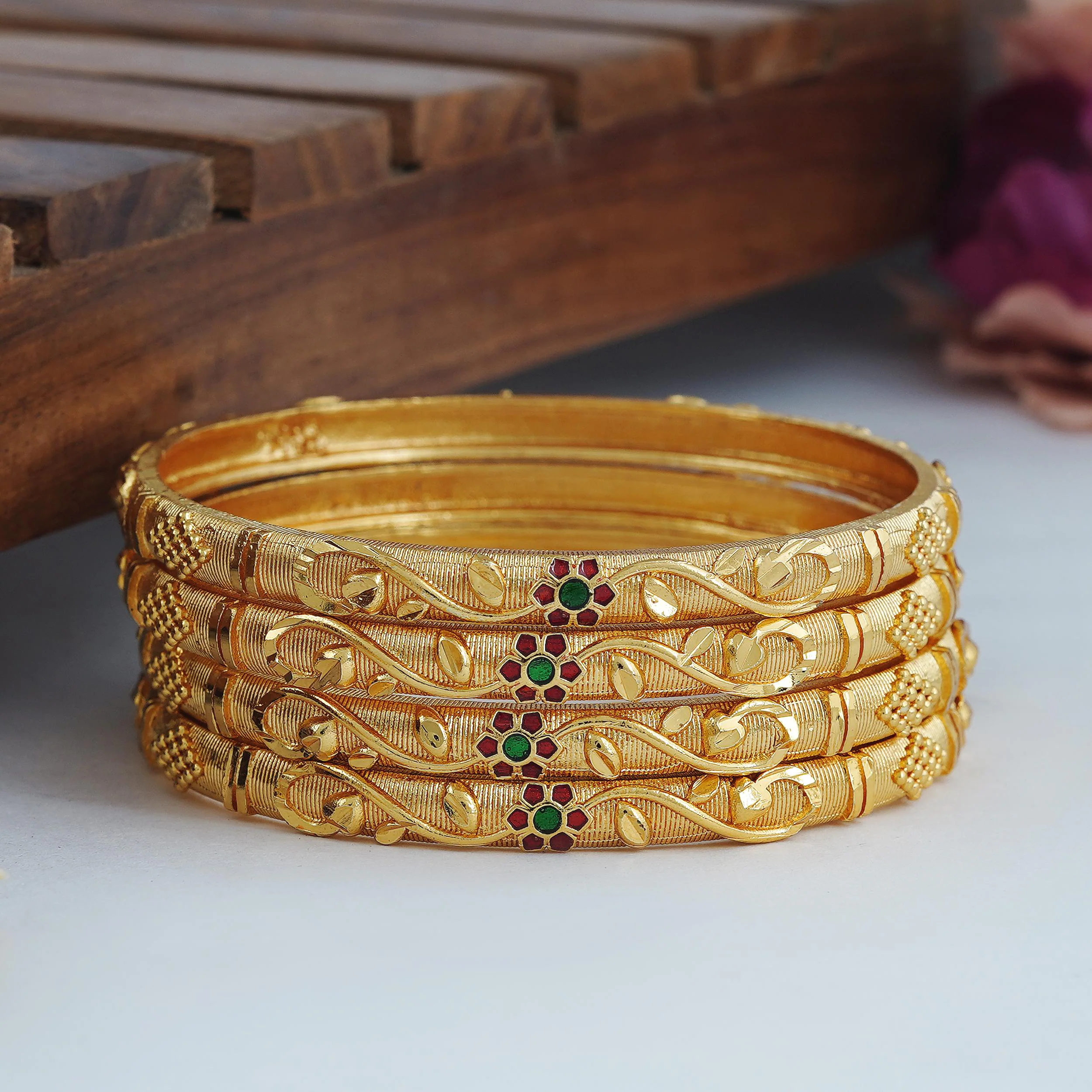 Buy Mansiyaorange Four Gold Plated Multicolor Meena Bangle Bangdi