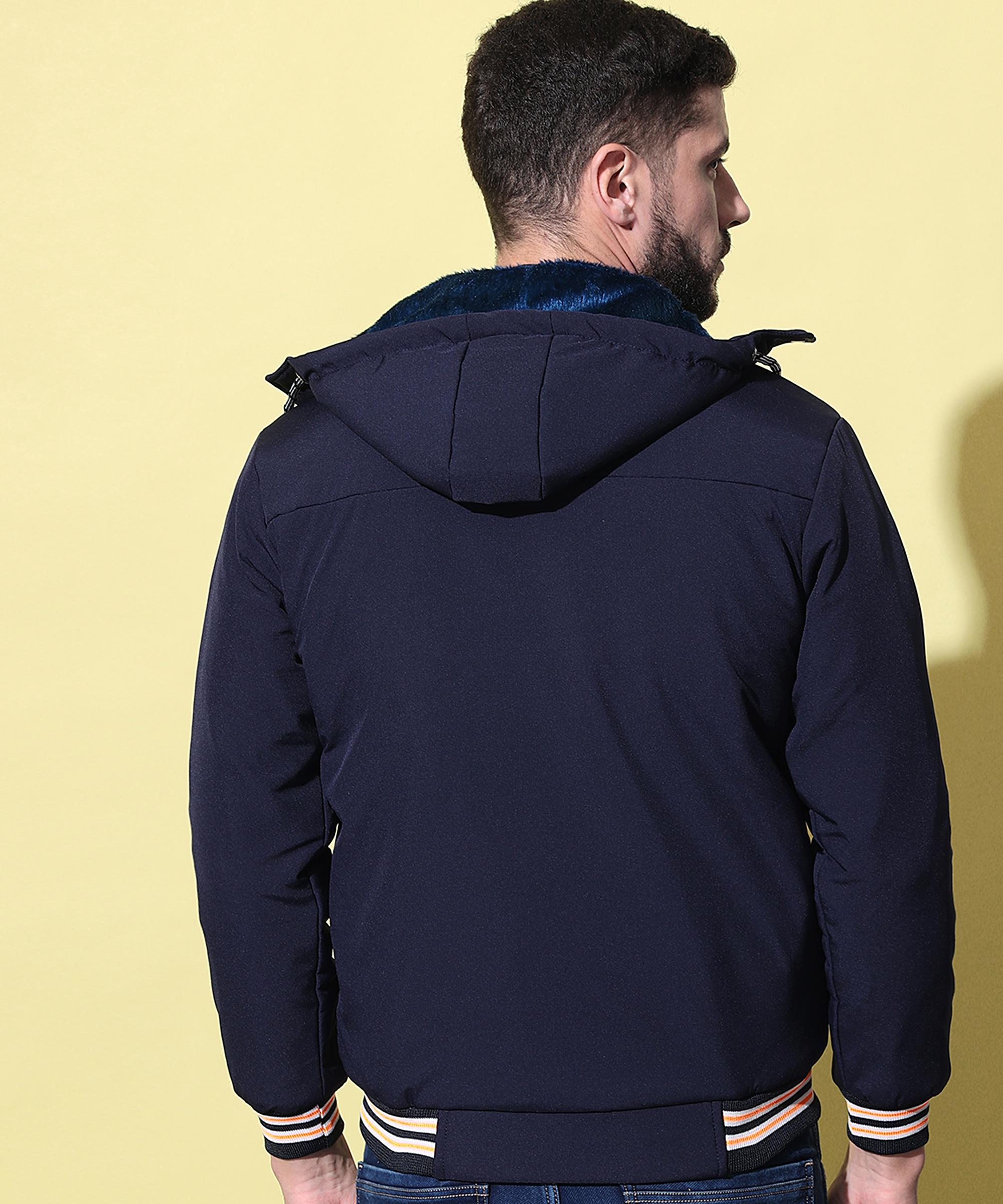 Buy Anixa Men Navy Wool Blend Solid Hooded Jacket Online at Best