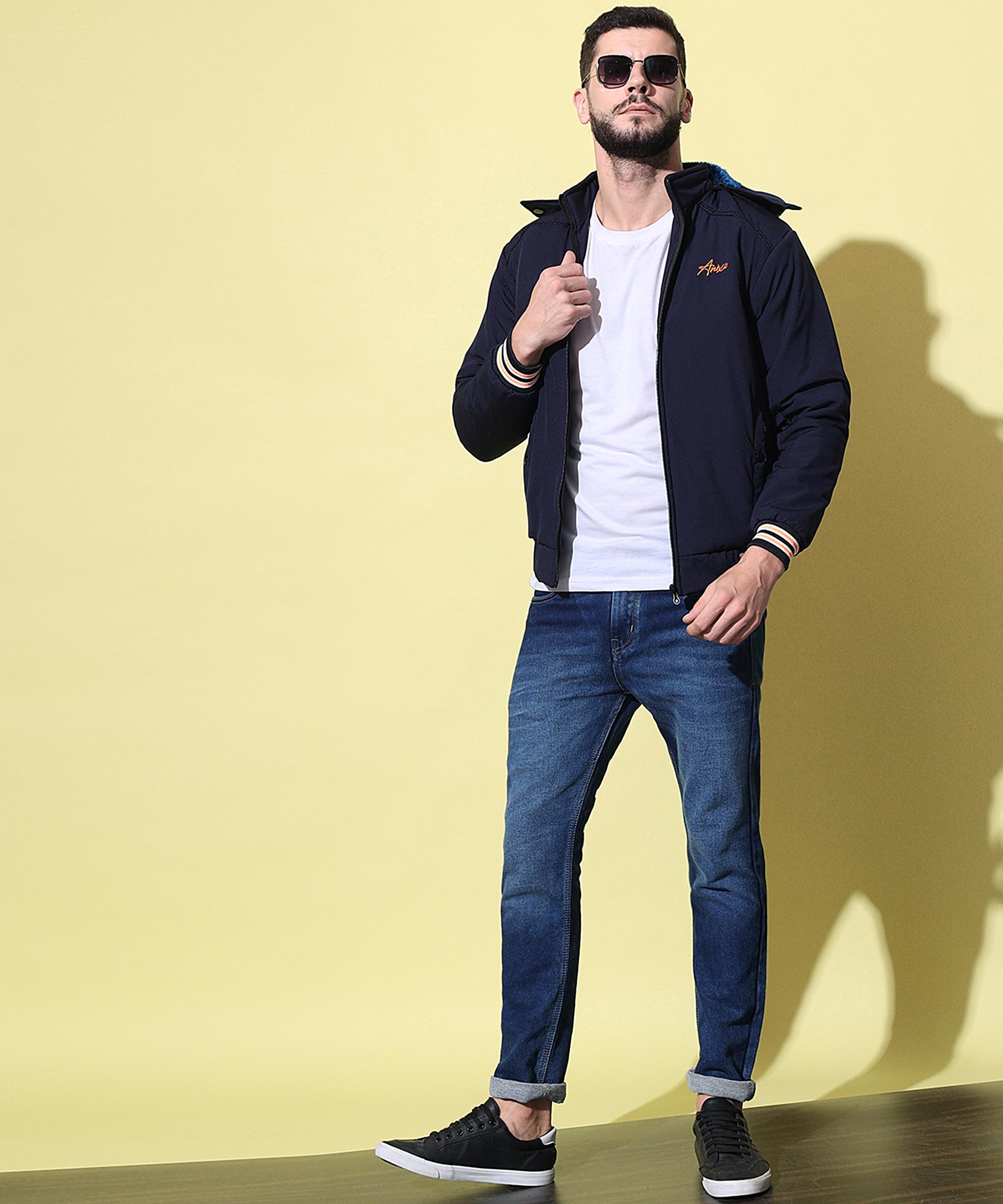 Buy Anixa Men Navy Wool Blend Solid Hooded Jacket Online at Best